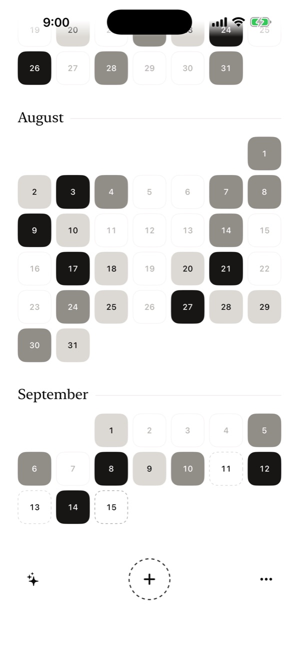 The calendar, with darker squares for longer entries